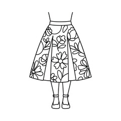 Hand drawn outline illustration of a woman wearing a pleated midi skirt with a floral pattern