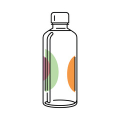 Minimalist line art illustration of a clear glass bottle with colorful abstract shapes inside