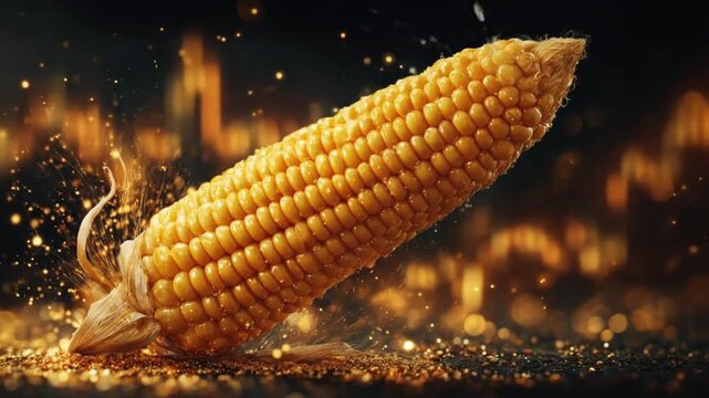 Glowing golden corn cob rests on a spark-dusted surface amid warm blurred bokeh. glints rise around