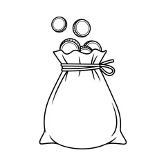 Hand drawn illustration of a money bag with coins falling into it