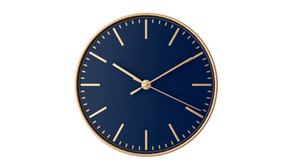 Elegant gold-rimmed wall clock with a navy blue face, perfect for home decor, This stylish clock adds a touch of sophistication to any room, blending seamlessly with various interior design styles