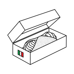 Hand drawn illustration of an open box containing a delicious cannoli with an italian flag sticker
