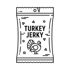 Hand drawn line art illustration of a turkey jerky snack bag with festive geometric patterns