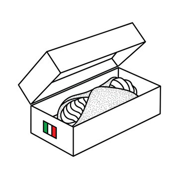 Hand drawn illustration of an open box containing a delicious cannoli with an italian flag sticker