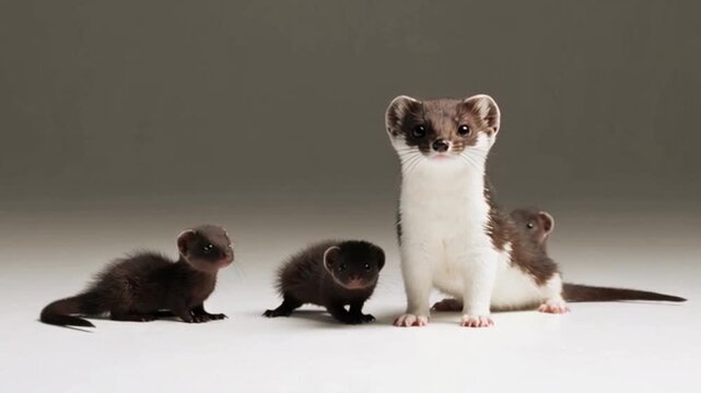 Leaser weasel with three babies