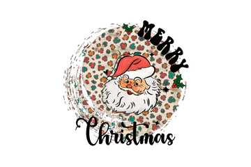 Merry Christmas Santa face on Leopard Print Brush Stroke Circle Illustration Sublimation Design