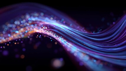 Ultra HD Abstract wave of glowing blue and purple light streaks with bokeh effect on a dark background, representing data flow or technology video - Powered by Adobe