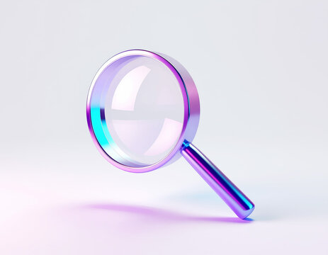 Iridescent metallic magnifying glass in purple&ndash;blue&ndash;cyan gradient, 3D minimal style on a soft pink&ndash;white gradient &mdash; modern icon for search, discovery, investigation, and UI design.