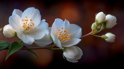 Close up of white jasmine flowers and buds on a branch with dark background
