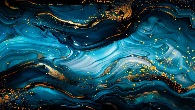 Colorful swirling abstract art with blue, gold, and black tones creating a dynamic pattern