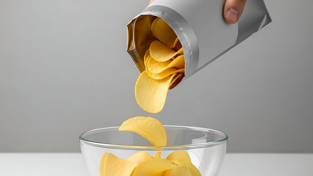 Crispy potato chips being poured from a silver bag into a clear glass bowl against a plain background