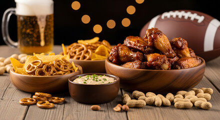 Tasty game-night snack table with glazed chicken wings, pretzels, chips and creamy dip on a rustic wooden surface, with two frosty beer mugs and warm bokeh lights creating a cozy sports atmosphere.