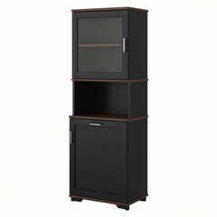 Tall black kitchen cabinet with multiple storage compartments suitable for modern home interiors