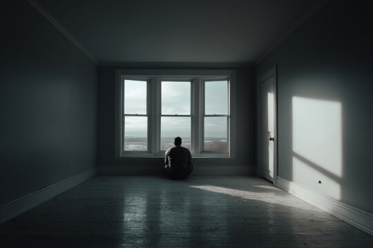 lonely man sitting in an empty room with copy space