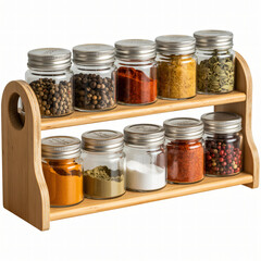 Wooden spice rack with glass jars and assorted seasonings arranged neatly for kitchen storage interiors