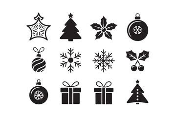 Collection of black and white christmas icons and ornaments