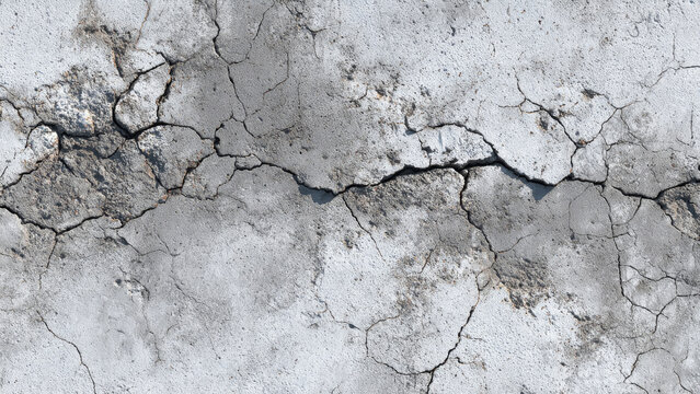 Heavily cracked and textured gray concrete surface, revealing deep fissures and worn patches. An aged, decaying, and weathered background.