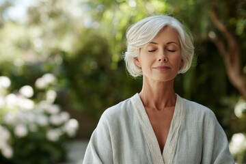 senior woman meditating in summer garden with copy space