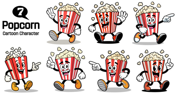 Cute Popcorn Cartoon Character Vector Set with Funny Facial Expressions, Snack Mascot Illustration Collection for Cinema, Movie and Food Design Isolated on White Background.