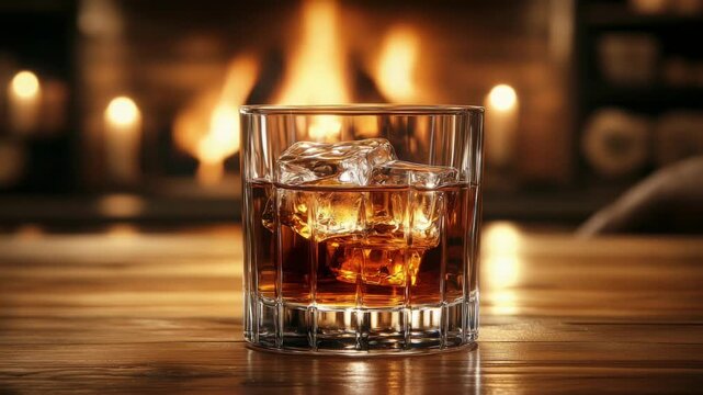 Glass of whiskey with ice cubes on a wooden table, glowing in front of a fireplace. National Bootleggers Day. Burns Night celebration. A traditional Scottish drink