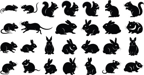 Rodent silhouettes, rabbit icons, squirrel shapes, mouse vector, animal outlines, black mammals, wildlife clipart, pet graphics, lagomorph illustration, minimal design