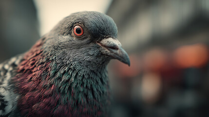 Close up view of a pigeon with grey and red feathers and a red eye ball