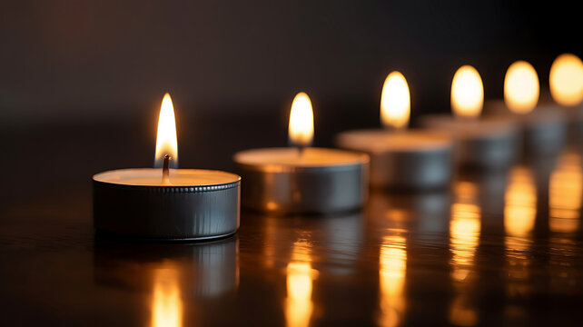 Row of lit tea light candles with reflections on a dark shiny surface - Powered by Adobe