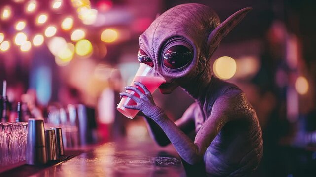 alien in a bar drinking a drink, nightlife, alcoholism, separation