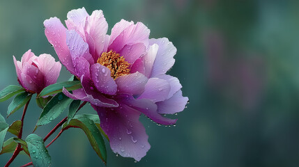 Close up shot of two pink peony flowers with water droplets on petals