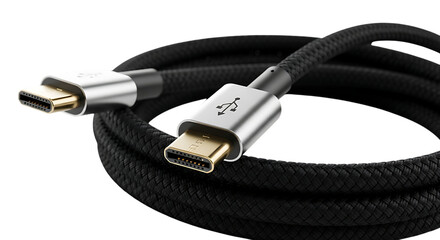 Braided usb type c cable close up isolated on transparent background