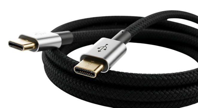 Braided usb type c cable close up isolated on transparent background