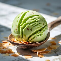 Delicious green ice cream scoop, wooden spoon, coconut flakes