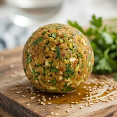 Healthy vegan falafel ball on rustic wood with sesame and parsley.