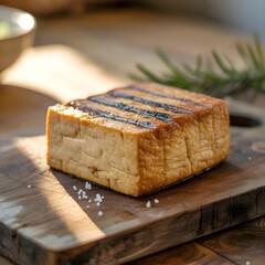 Grilled tofu block, golden brown with salt flakes on wooden board.