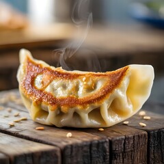 Steaming pan-fried gyoza with golden brown crust on rustic wood