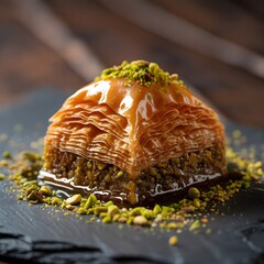 Golden layered baklava dessert with pistachios and sweet syrup