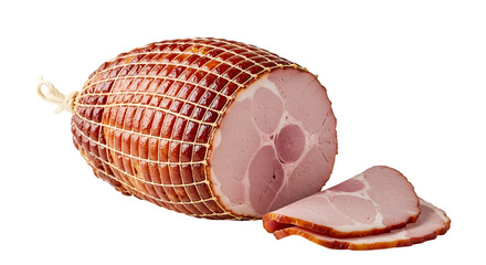 Sliced ham with netting isolated on transparent background