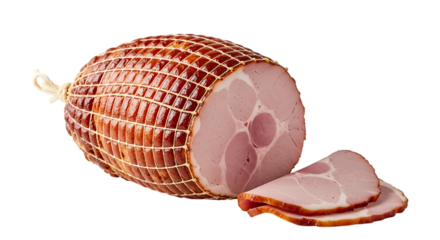 Sliced ham with netting isolated on transparent background