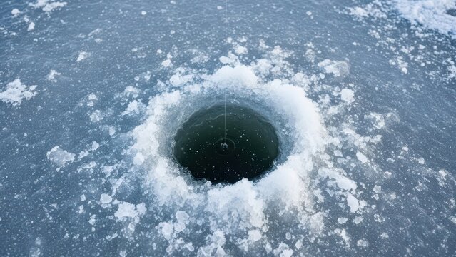 Fototapeta Frozen lake ice fishing hole with snow on surface
