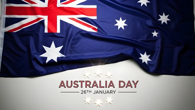 Australian flag draped on a surface with 'australia day 26th january' text and star decorations, symbolizing national pride and commemoration