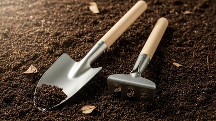 Wooden Gardening Tools on Soil Background