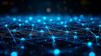 A futuristic network of interconnected nodes with glowing blue lights and connecting white lines