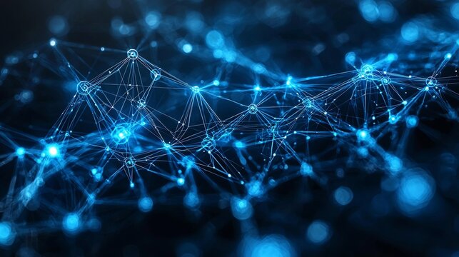 A complex network of interconnected glowing blue nodes and lines against a dark background creating depth