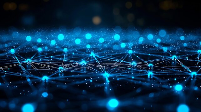 A futuristic network of interconnected nodes with glowing blue lights and connecting white lines