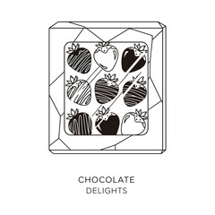 Hand drawn illustration of a box of chocolate covered strawberries in a simple line art style