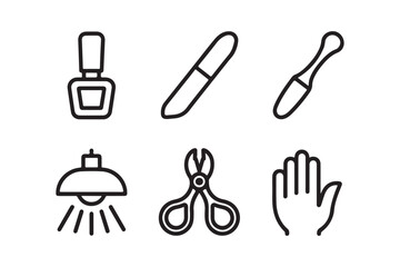Nail salon tools and supplies icons line art