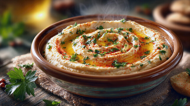 Close-up of a bowl of freshly prepared, steaming hummus swirled with olive oil and seasoned with paprika and parsley. The traditional dip is presented in a rustic clay bowl on a wooden surface