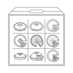 Hand drawn outline illustration of a display case filled with various pies and cakes