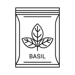 Line art illustration of a basil seed packet with basil leaf icon and text