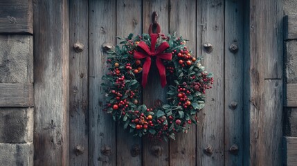 holiday wreath hanging on rustic wooden door,